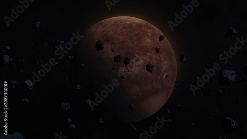 Foto Mars-like terrestrial planet in deep space with glowing surface textures and scattered stars around