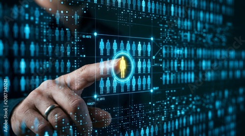 Close-up of human hand touching glowing blue digital interface with human figure icons and network connection background