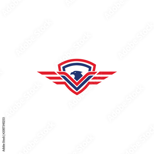 American eagle shield logo with stylized wings and letter V in red white and blue colors for sports team branding patriotic emblem design security company identity or aviation related business vector

