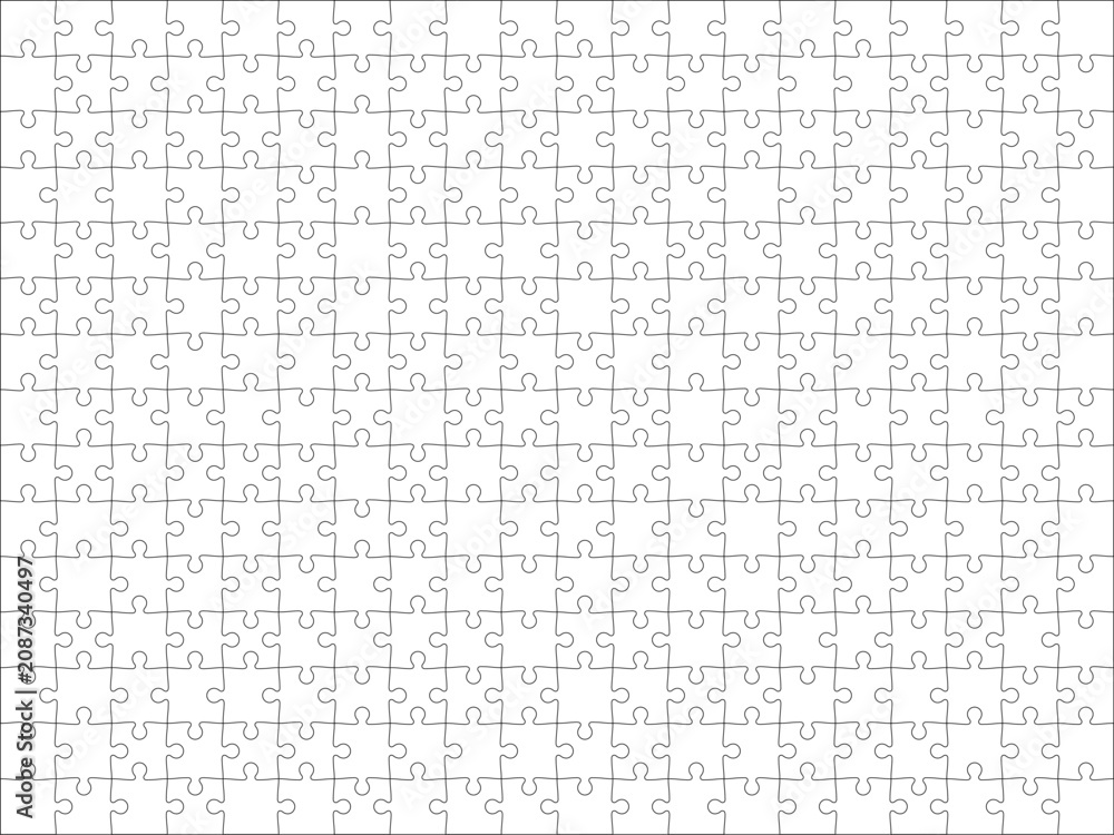 Fototapeta premium Detailed various shapes puzzle grid overlay. Jigsaw puzzle blank template. 20x15 shapes, 300 pieces. Separate matching puzzle elements. Vector png