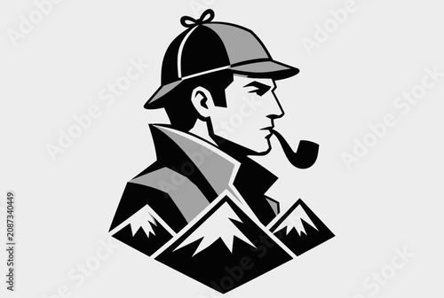 Bild auf Leinwand Sherlock style detective with pipe and mountain base.
