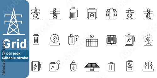 .Editable stroke line icons portraying an electrical grid, power transmission, energy generation, and battery storage elements in a simple style