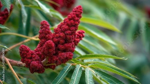 Close-up of blooming staghorn sumac with red blossoms and green foliage