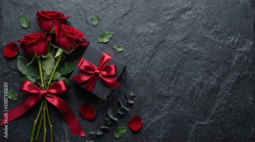 Valentines day card with gift box and rose flowers