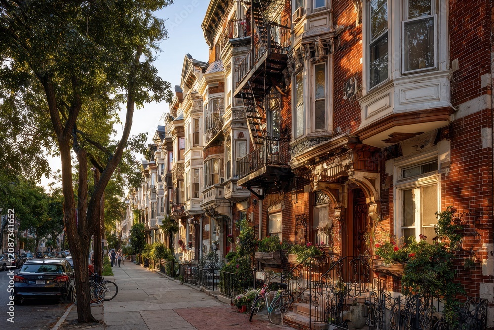 Fototapeta premium Philadelphia neighborhood scene with row houses and stoops