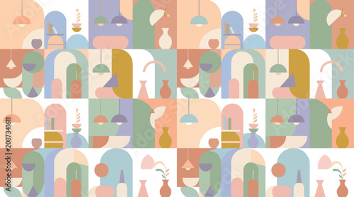 Abstract Geometric Shapes Pattern with Vases and Lamps, Mid-Century Modern Style