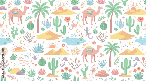 Desert Pattern: Camels, Cacti, Lizards, Scorpions, Palms, Sun, Dunes, Oasis