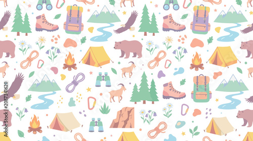 Outdoor Adventure Pattern: Camping, Hiking, Wildlife, Mountains, Nature Icons
