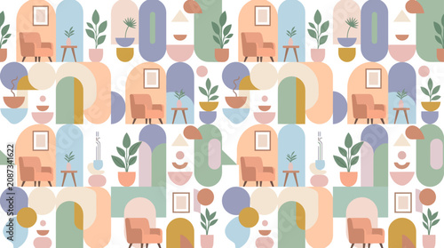 Abstract Geometric Pattern with Mid-Century Modern Living Room Elements and Plants
