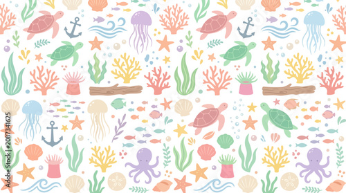 Cute Underwater Sea Life Pattern: Turtles, Jellyfish, Octopus, Fish, Coral