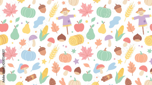 Cute Autumn Fall Harvest Pattern with Pumpkins, Scarecrows, Leaves, and Acorns