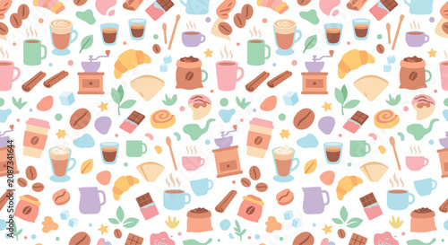 Cute Kawaii Coffee Shop Pattern - Breakfast Food & Drink Seamless Background