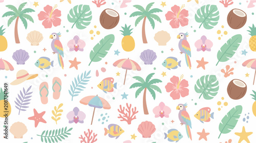 Pixel Art Tropical Pattern: Parrots, Palm Trees, Coconuts, Pineapples, Shells, Flowers