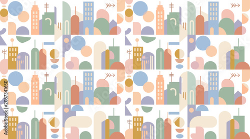 Abstract Cityscape Pattern with Geometric Shapes and Pastel Colors