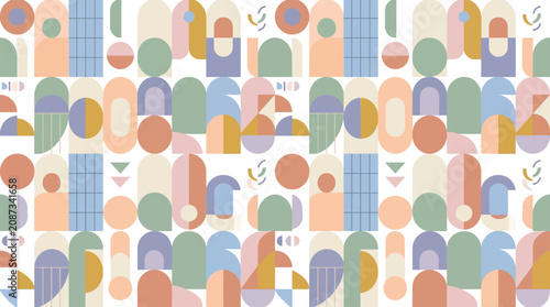 Abstract Geometric Pattern Seamless Background with Pastel Shapes and Mid-Century Modern Style