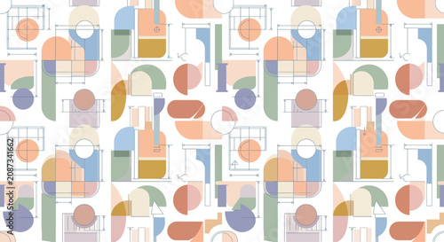 Abstract geometric pattern with pastel colors and architectural elements