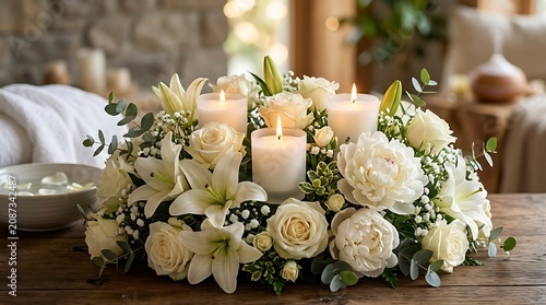Luxurious white floral arrangement with pillar candles in tranquil spa setting arrangement relaxation wellness interior romantic atmosphere botanical aesthetic tranquil blooming lifestyle