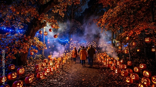 People walking through a dark misty forest park decorated with glowing jackolanterns for halloween jackolantern mysterious celebration woodland decoration atmospheric seasonal
