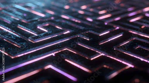 Abstract maze structure featuring glowing pink and blue neon lines on a dark textured surface with shallow depth of field