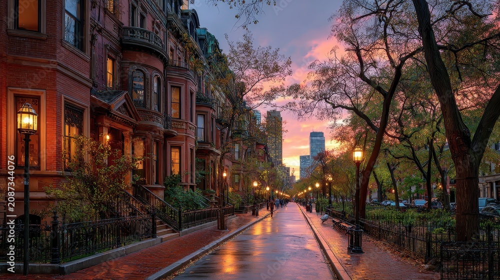 Fototapeta premium Sunset over Back Bay Boston: golden hour on historic brownstone streets