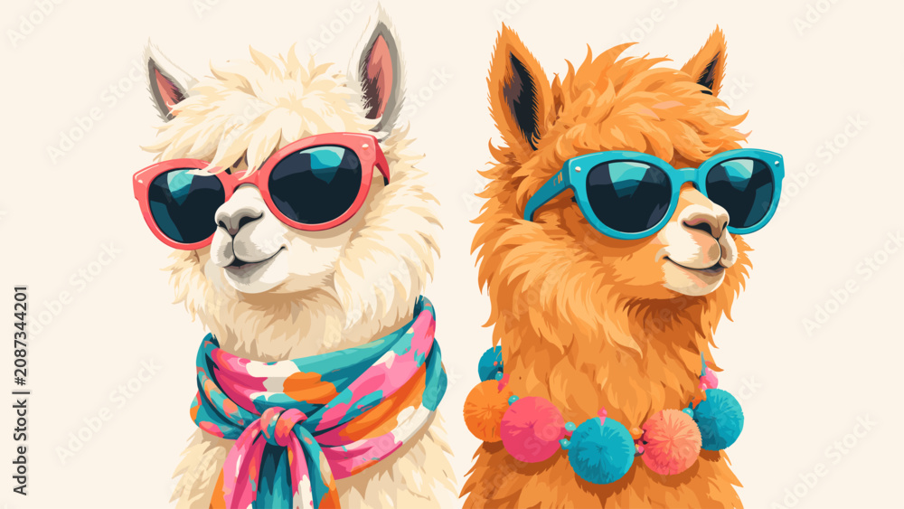 Fototapeta premium Two colorful alpaca portraits with sunglasses and playful fashion mood, alpaca, portraits, sunglasses, colorful, animals, llama,