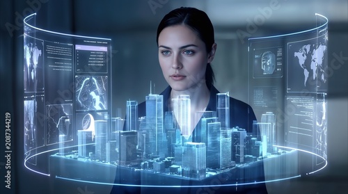 Urban planner analyzing 3D holographic city model with digital data interfaces. Professional woman using futuristic technology for smart city development and architectural visualization.