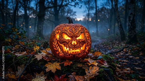 Sinister carved jack-o-lantern with sharp teeth glowing in a misty night forest halloween sinister decoration seasonal woodland celebration background atmosphere tradition menacing