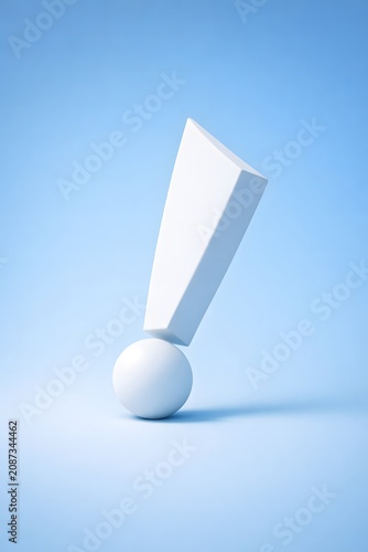 Large white exclamation mark leaning against a wall representing a call to action and important alerts, 3d render 