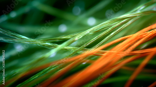 Abstract macro view of vibrant green and bright orange fiber optic cables glowing with soft depth of field light effects