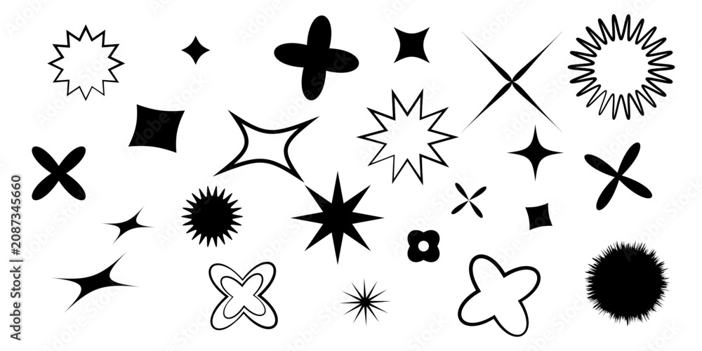 Fototapeta premium Modern Y2K Sparkle Abstract Geometric Shapes Collection with Stars, Flowers, Crosses, Sunburst, Rounded Forms and Minimal Decorative Vector Design Elements Isolated on White Background