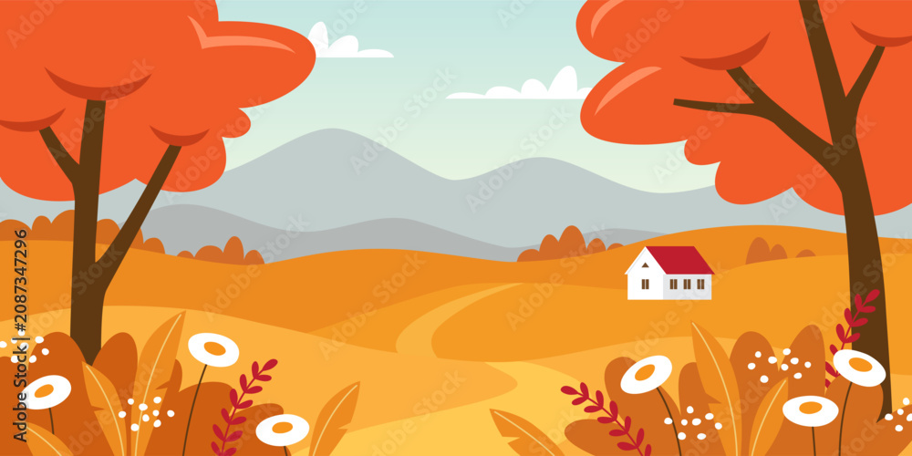 Obraz premium Countryside nature autumn landscape. Fall background vector illustration.
