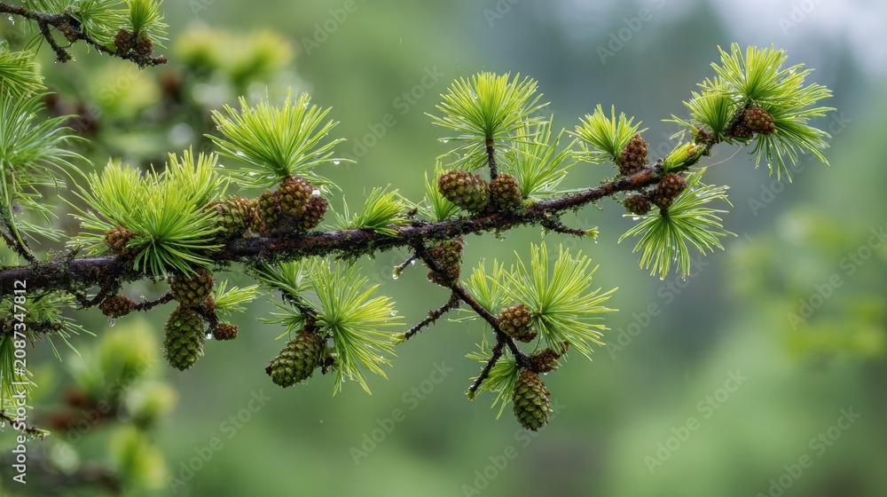 Fototapeta premium Close-up of a bright green larch twig with fluffy needles and tiny cones in summer daylight