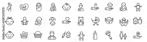Quadro su tela Maternity care and infant lifestyle line icons set featuring expectant mother, baby carriage, swinging cradle, rattle shaker, vaccine syringe & more vector illustration with editable stroke
