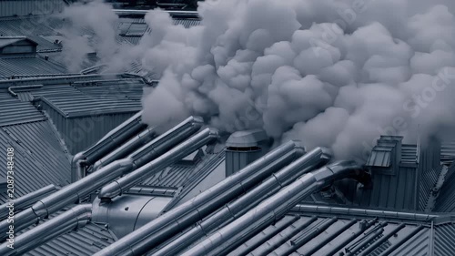 dense smoke billowing from factory rooftop rows of metal pipes and vents expel thick gray clouds over steel corrugated roof dramatic lowkey tones atmospheric pollution industrial