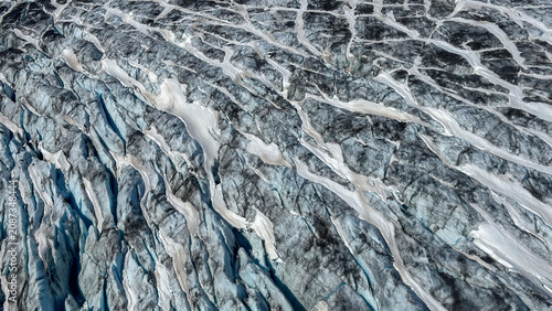 An aerial view of the texture in a glacier
