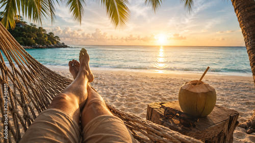 POV relaxing in hammock on tropical beach at sunset.