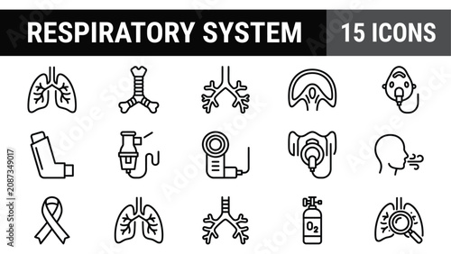 Foto Respiratory system icon set, 15 medical line icons of human lungs and breathing