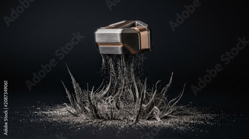 Levitating premium product above metallic magnetic particles