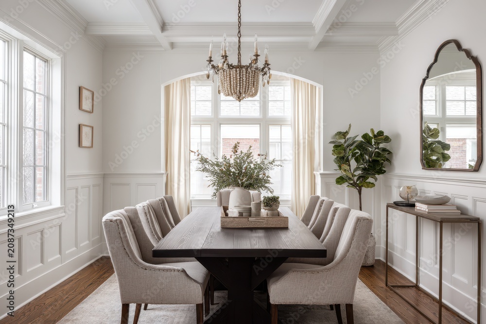 Fototapeta premium Timeless transitional dining room with dark wooden table, upholstered seating, and soft, airy ambiance