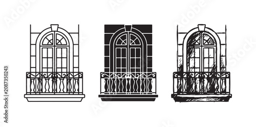 Fotografie Ornate balcony with arched window and intricate balustrade railing in outline, solid, and sketch styles, architectural feature