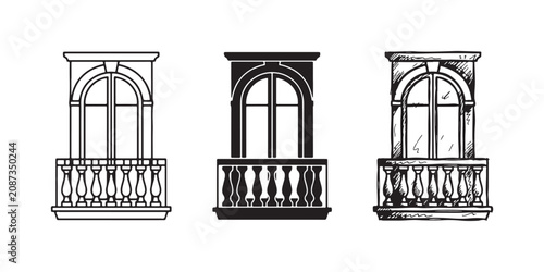 Canvastavla Traditional balcony with arched window and balustrade railing in outline, solid, and sketch styles, architectural facade element