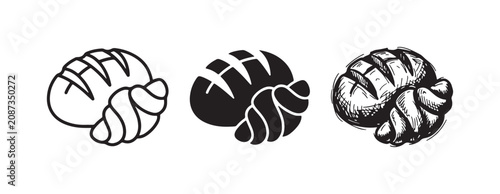Canvas-taulu Three styles of bakery products icon: a loaf of bread and a croissant, in outline, solid, and hand-drawn sketch versions