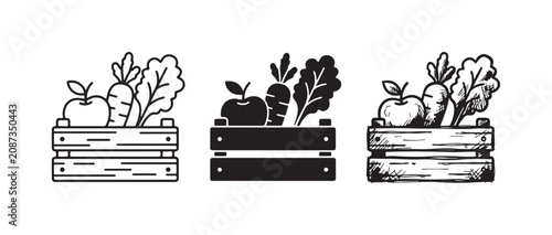 Canvas-taulu Collection of produce crate icons: outline, silhouette, and hand-drawn sketch ve
