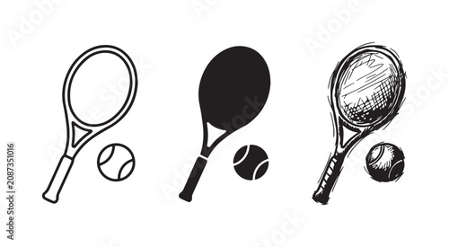 Принти на полотні Tennis racket and ball icon set in outline, solid, and hand-drawn styles for spo