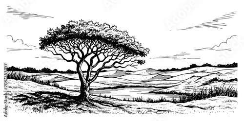 Tableau sur toile African savanna landscape with solitary tree and water in vintage engraving styl