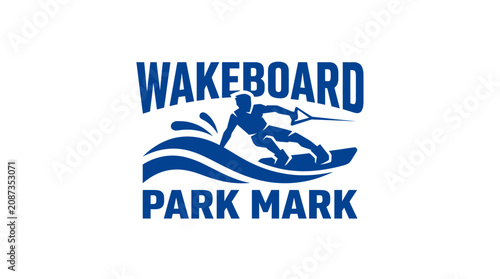 Konstfotografi Blue wakeboarding park emblem with a wakeboarder on waves.