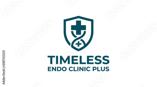Medical clinic shield logo with DNA and cross symbols.