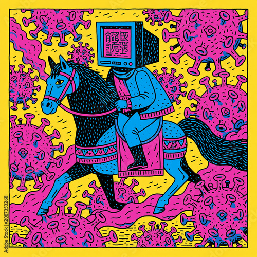 An apocalyptic horseman of pestilence, virus, with a monitor for head