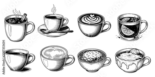 Foto Coffee cups and hot beverages collection in vintage engraving style