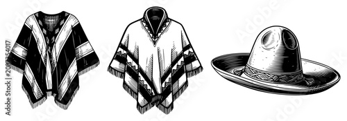 Mexican poncho and sombrero hat in vintage engraving style